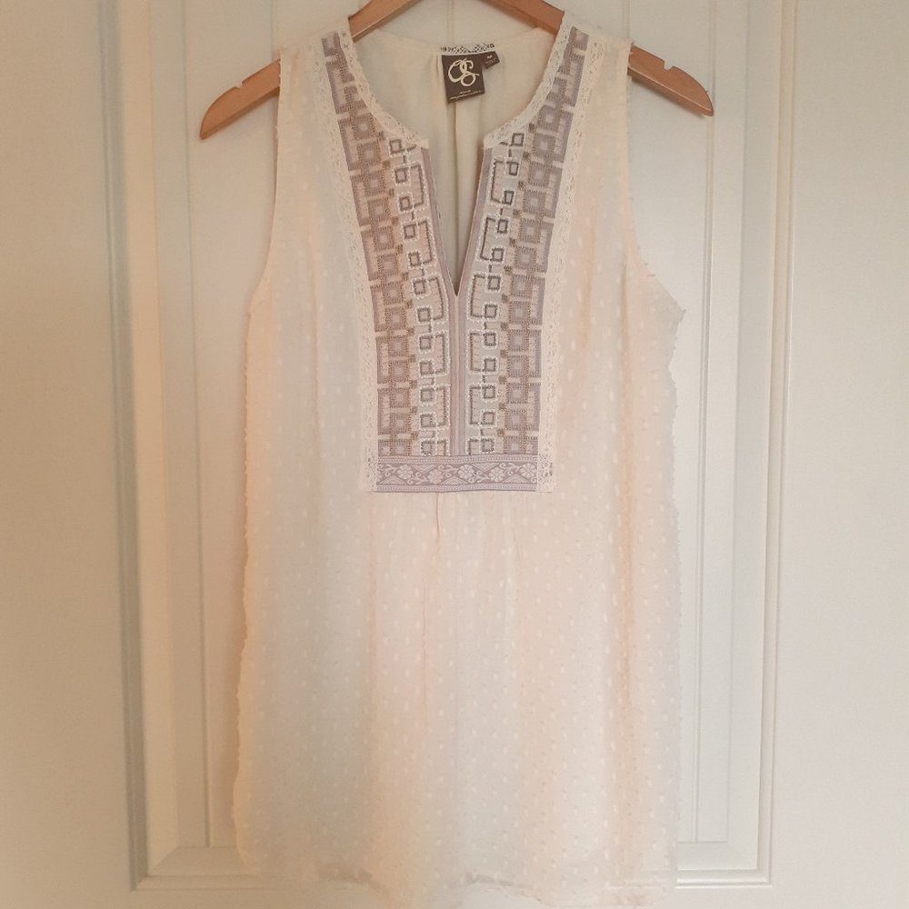 One September Split Neck Tunic Tank Embroidery Beading Ivory Cream Size M